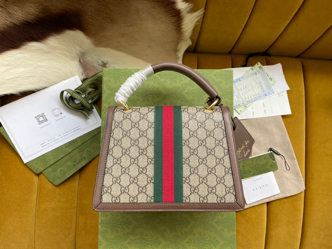 Luxury Gucci GG MINI 25 HANDBAG IN BEIGE CANVAS AND BROWN CALFSKIN