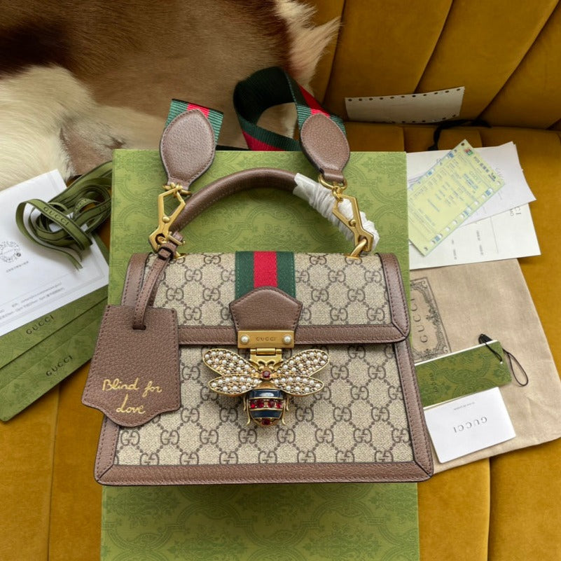 Luxury Gucci GG MINI 25 HANDBAG IN BEIGE CANVAS AND BROWN CALFSKIN