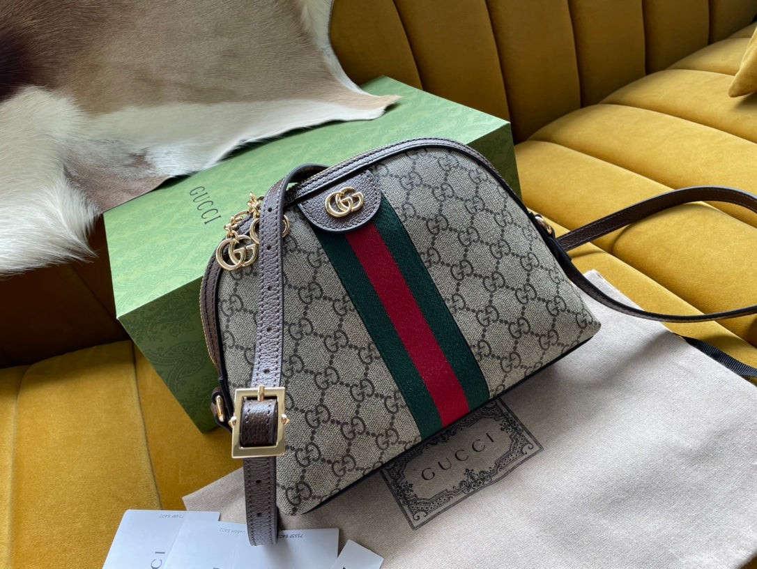 Luxury Gucci OPHIDIA GG MEDIUM 23 SHOULDER BAG BEIGE AND EBONY SUPREME CANVAS