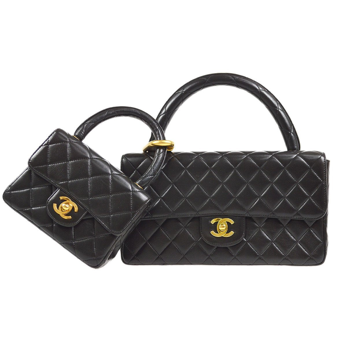 CHANEL 1994-1996 Classic Single Flap Handbags Set Black Lambskin 72957
