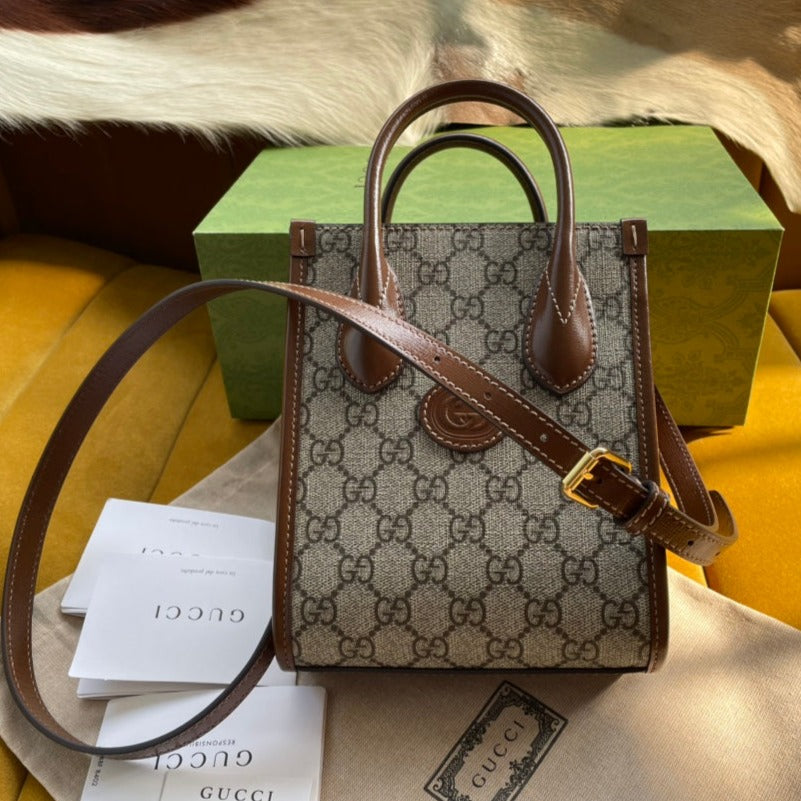Luxury Gucci MINI TOTE  20 BAG IN BEIGE CANVAS AND BROWN CALFSKIN