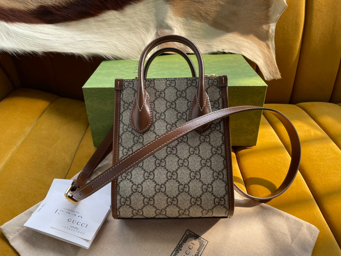 Luxury Gucci MINI TOTE  20 BAG IN BEIGE CANVAS AND BROWN CALFSKIN