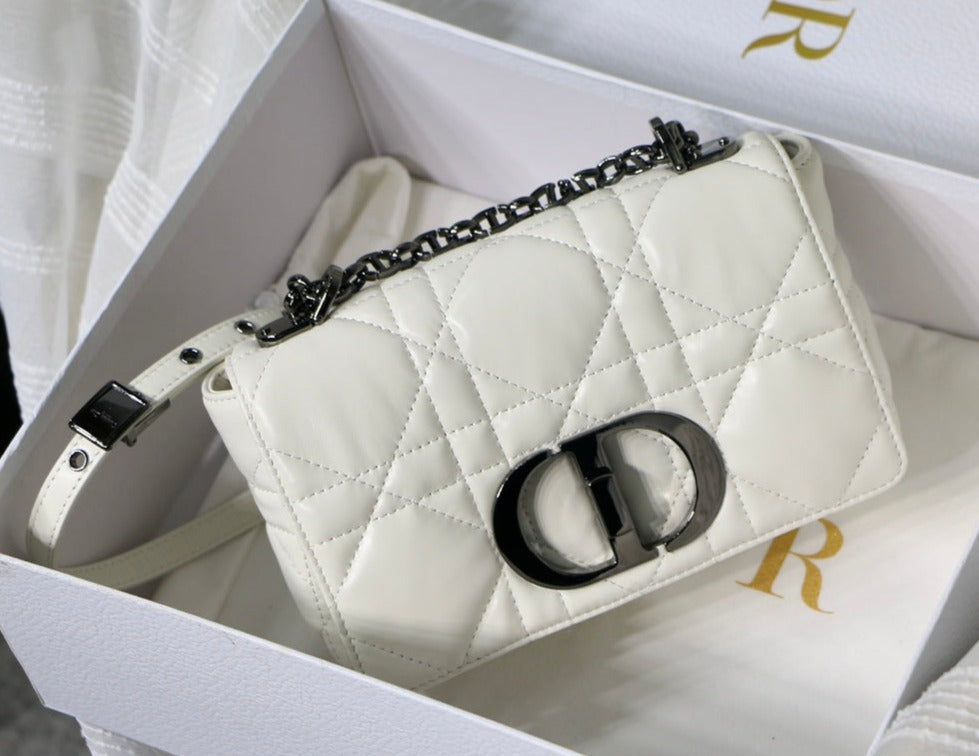 Luxury DiorSMALL CARO BAG 20 WHITE CALFSKIN BLACK HARDWARE