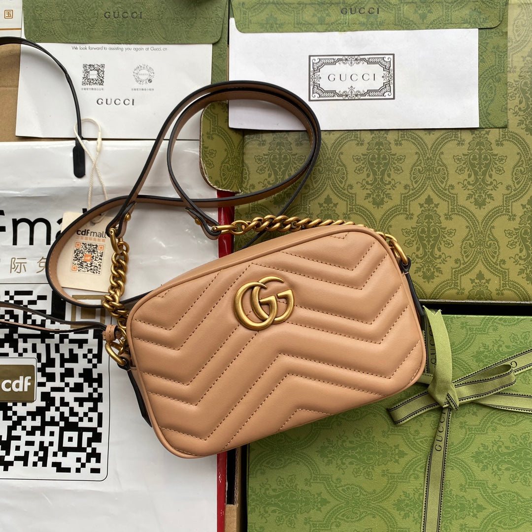Luxury Gucci gg marmont mini 18cm zip top dark beige calfskin gold hardware
