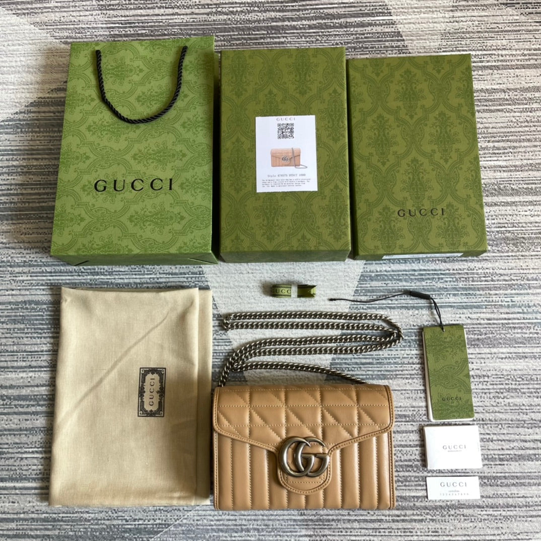 Luxury Gucci GG MARMONT MINI 20 SHOULDER BAG IN CAMEL BROWN CALFSKIN