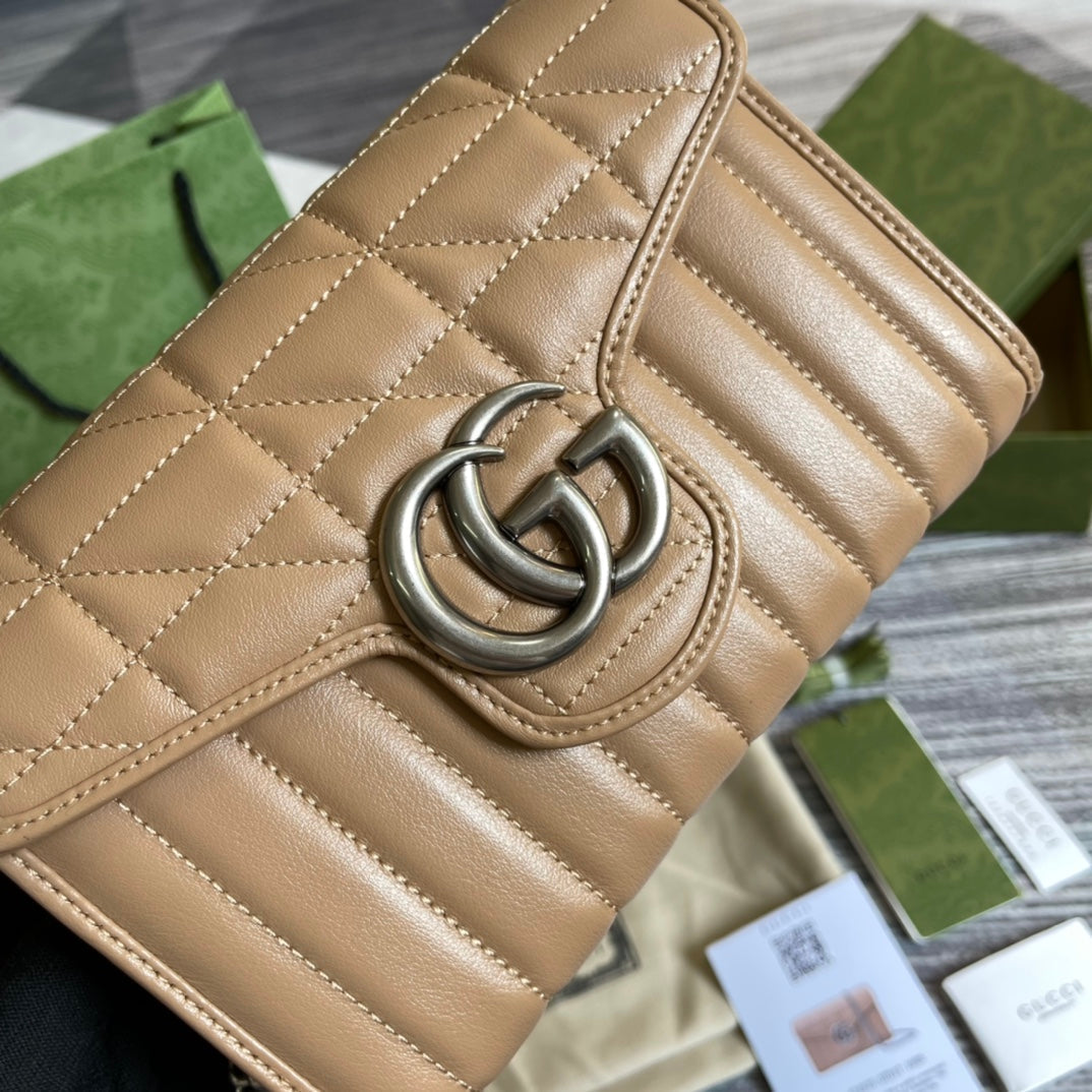 Luxury Gucci GG MARMONT MINI 20 SHOULDER BAG IN CAMEL BROWN CALFSKIN