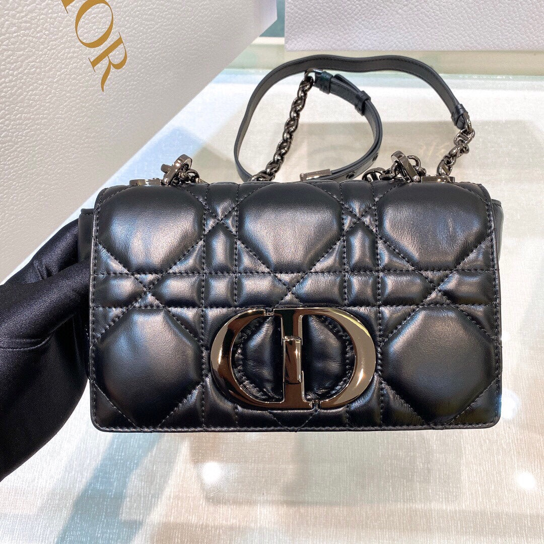 Luxury DiorSMALL CARO BAG 20 BLACK MACROCANNAGE CALFSKIN BLACK HARDWARE