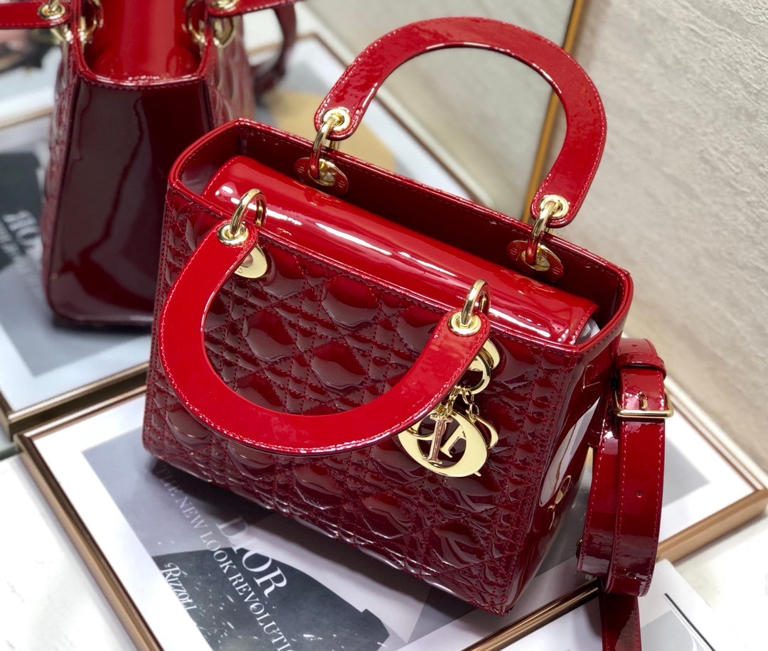 Luxury Diormedium lady 24 dark red patent calfskin
