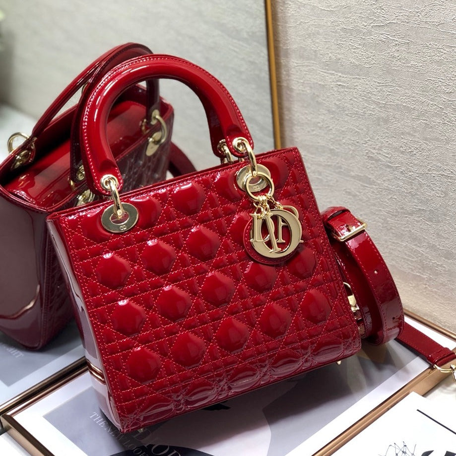 Luxury Diormedium lady 24 dark red patent calfskin