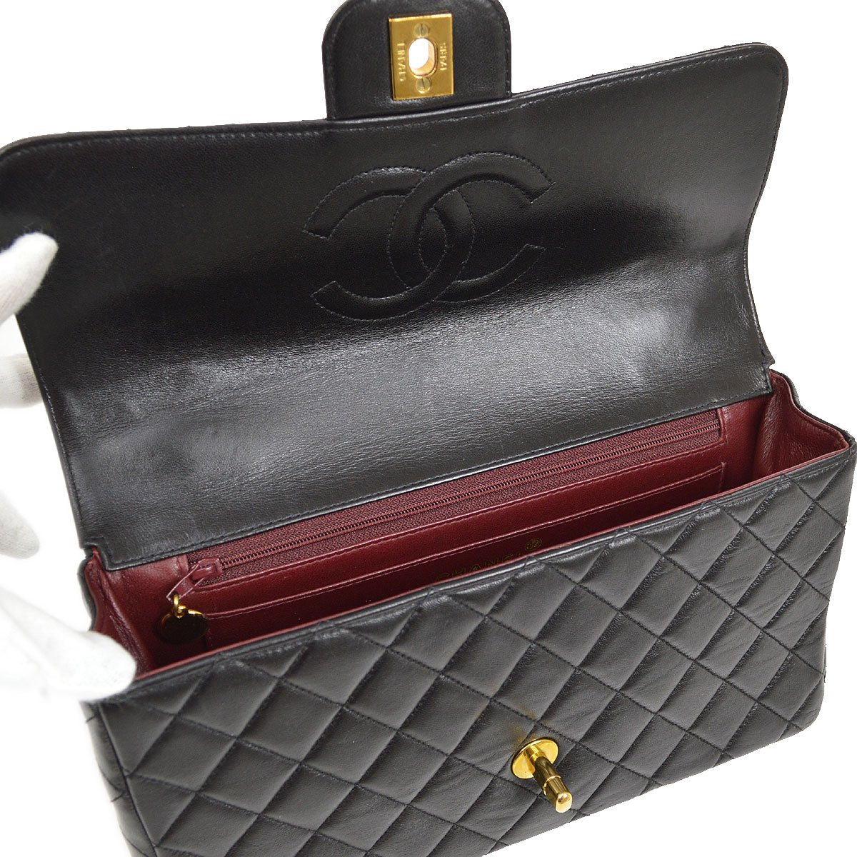 CHANEL★ 1994 Classic Flap Top Handle Bag Medium Black Lambskin 41952