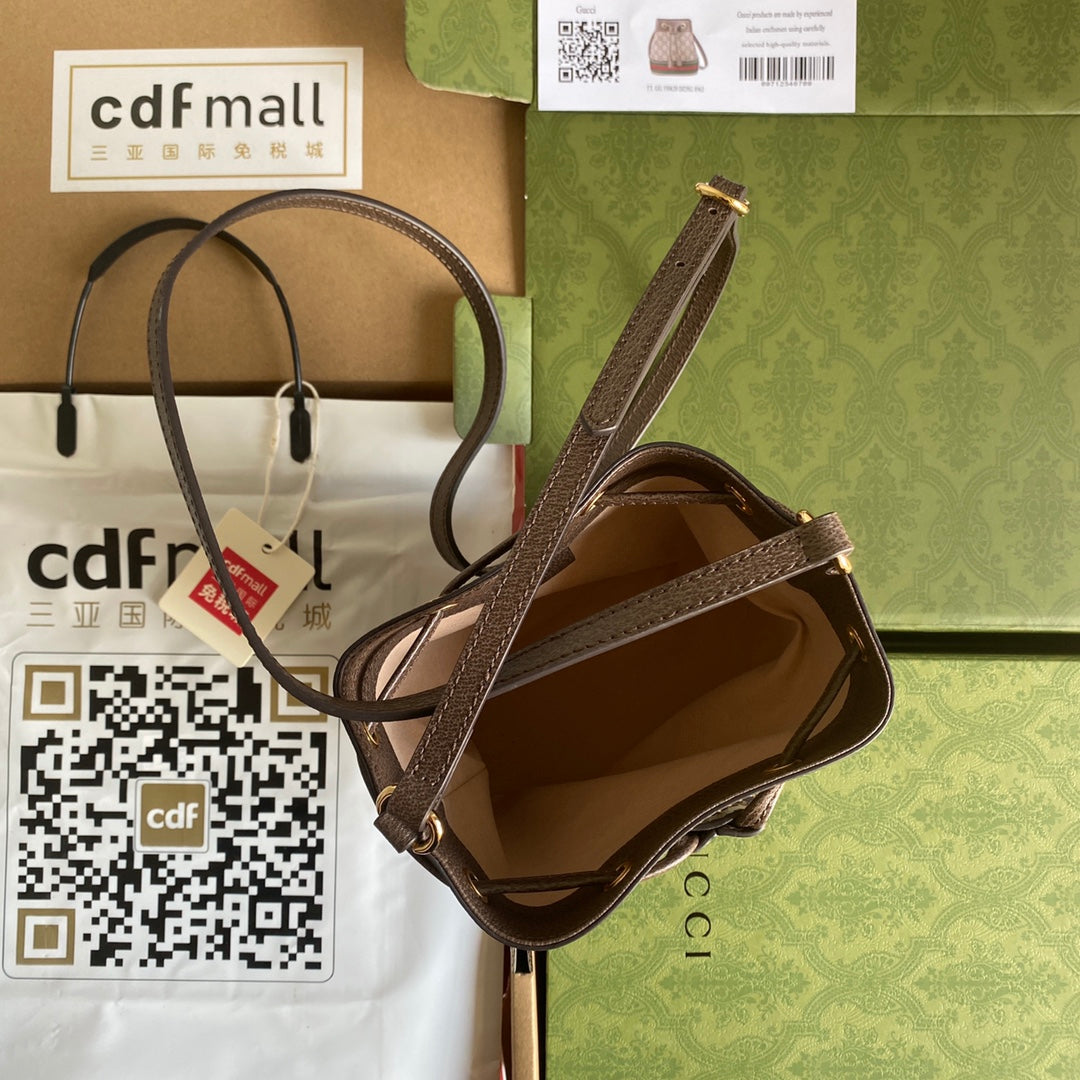 Luxury Gucci OPHIDIA MINI BUCKET BAG 18 WITH WEB IN BEIGE EBONY CANVAS MIX BROWN CALFSKIN