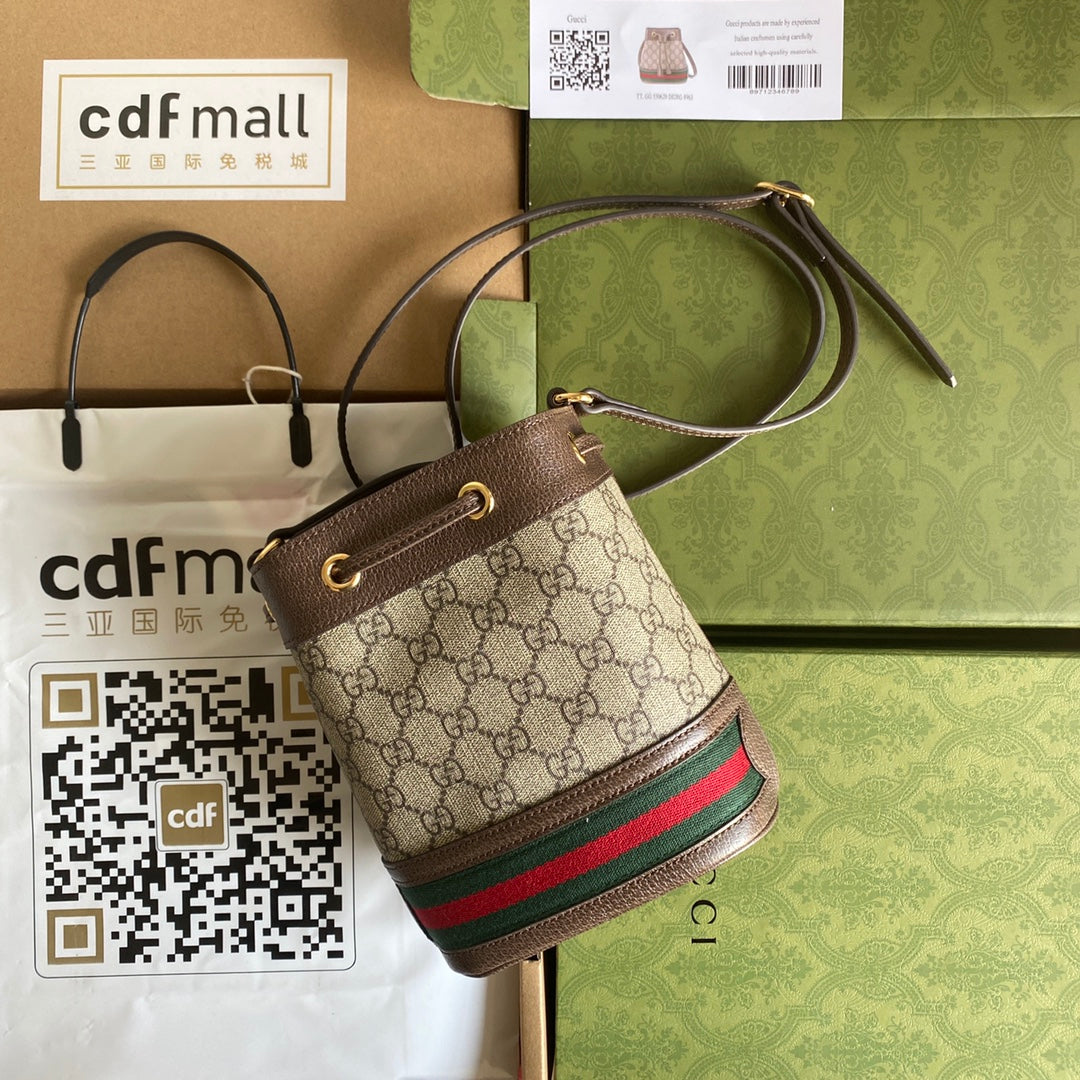 Luxury Gucci OPHIDIA MINI BUCKET BAG 18 WITH WEB IN BEIGE EBONY CANVAS MIX BROWN CALFSKIN
