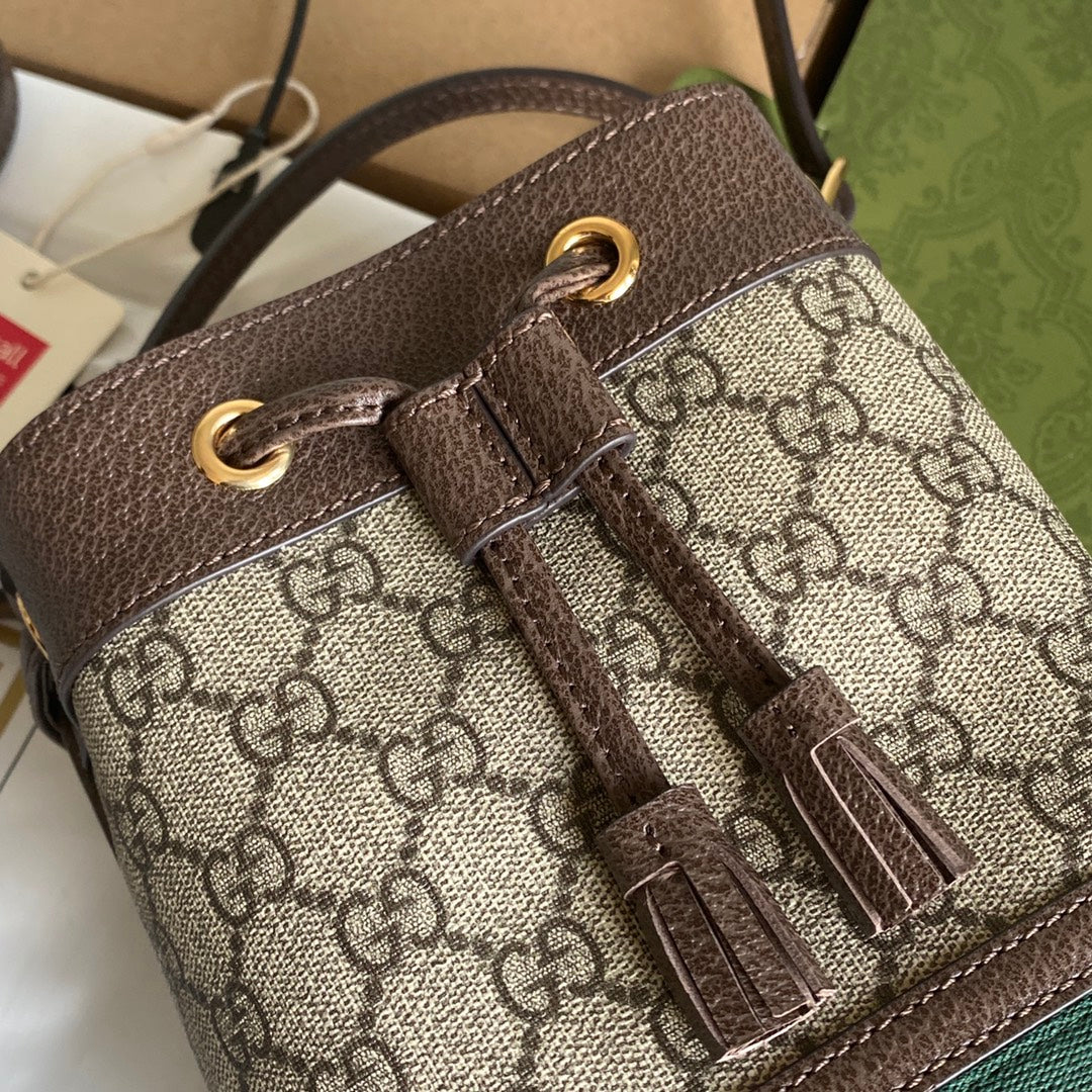 Luxury Gucci OPHIDIA MINI BUCKET BAG 18 WITH WEB IN BEIGE EBONY CANVAS MIX BROWN CALFSKIN