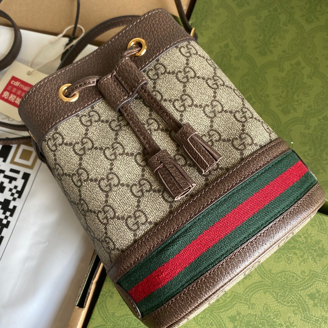 Luxury Gucci OPHIDIA MINI BUCKET BAG 18 WITH WEB IN BEIGE EBONY CANVAS MIX BROWN CALFSKIN