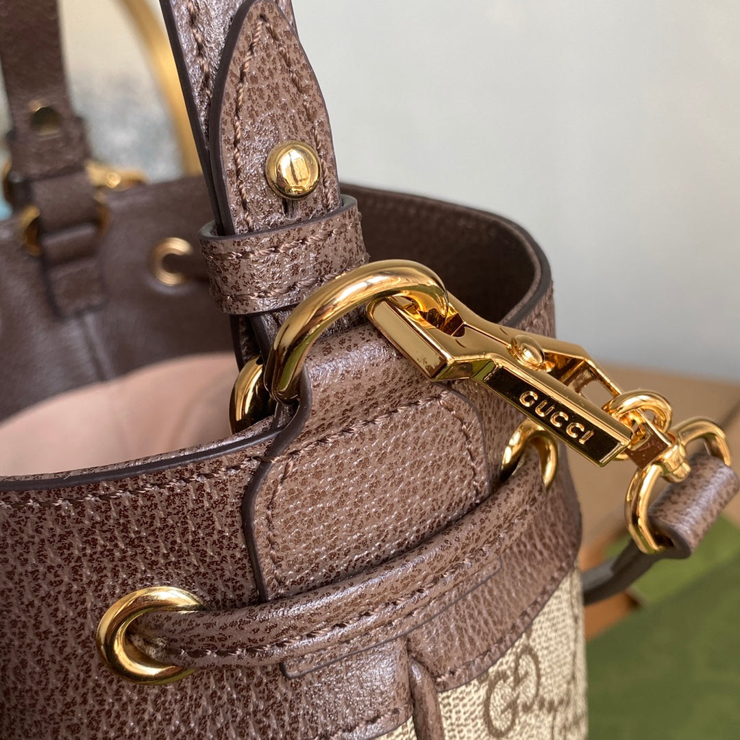 Luxury Gucci OPHIDIA MEDIUM BUCKET BAG 26 WITH WEB IN BEIGE EBONY CANVAS MIX BROWN CALFSKIN