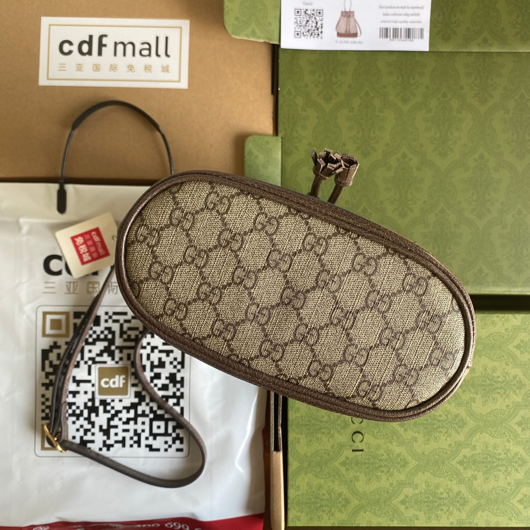 Luxury Gucci OPHIDIA MEDIUM BUCKET BAG 26 WITH WEB IN BEIGE EBONY CANVAS MIX BROWN CALFSKIN