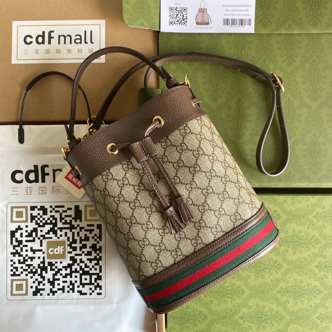 Luxury Gucci OPHIDIA MEDIUM BUCKET BAG 26 WITH WEB IN BEIGE EBONY CANVAS MIX BROWN CALFSKIN