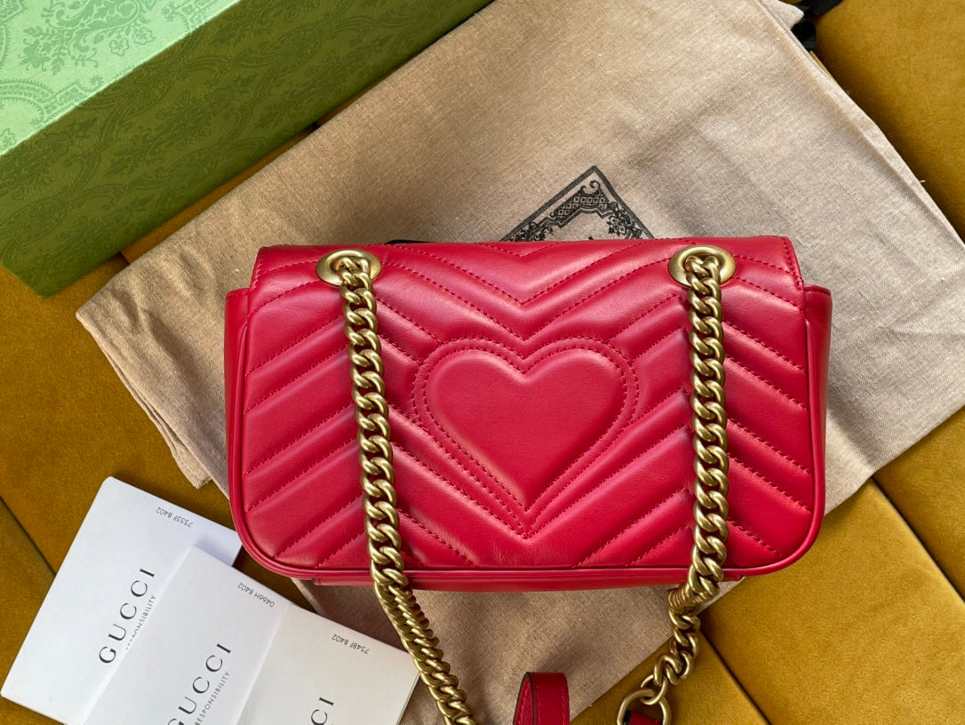 Luxury Gucci GG MARMONT MATELASSÉ SMALL 22 BAG RED PINK CALFSKIN