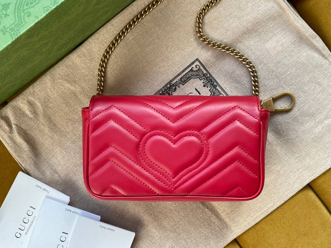 Luxury Gucci GG MARMONT MINI 16 BAG IN RED PINK CALFSKIN