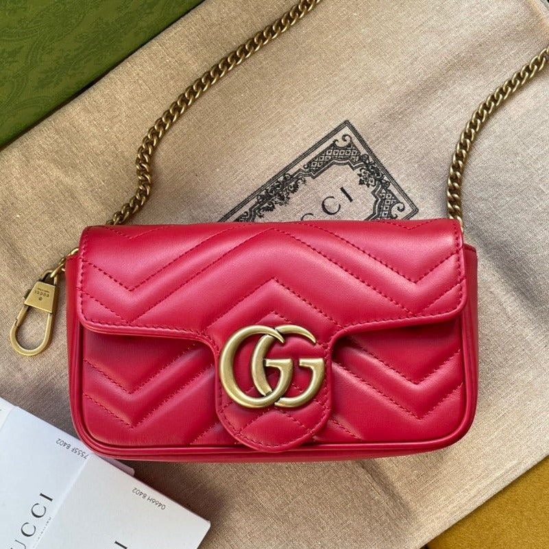 Luxury Gucci GG MARMONT MINI 16 BAG IN RED PINK CALFSKIN