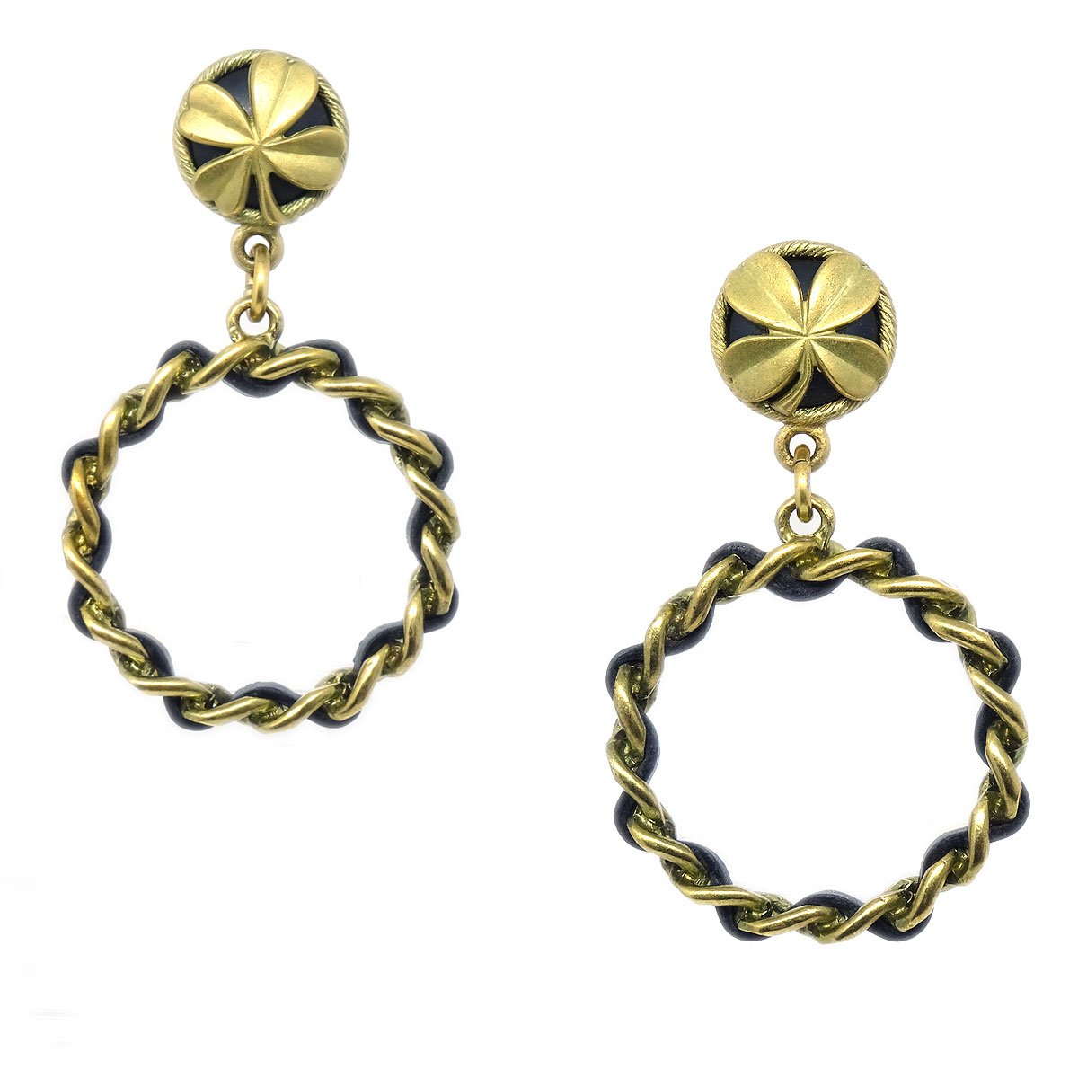 Luxury Chanel 1994 Clover Chain Hoop Earrings Clip-On Gold