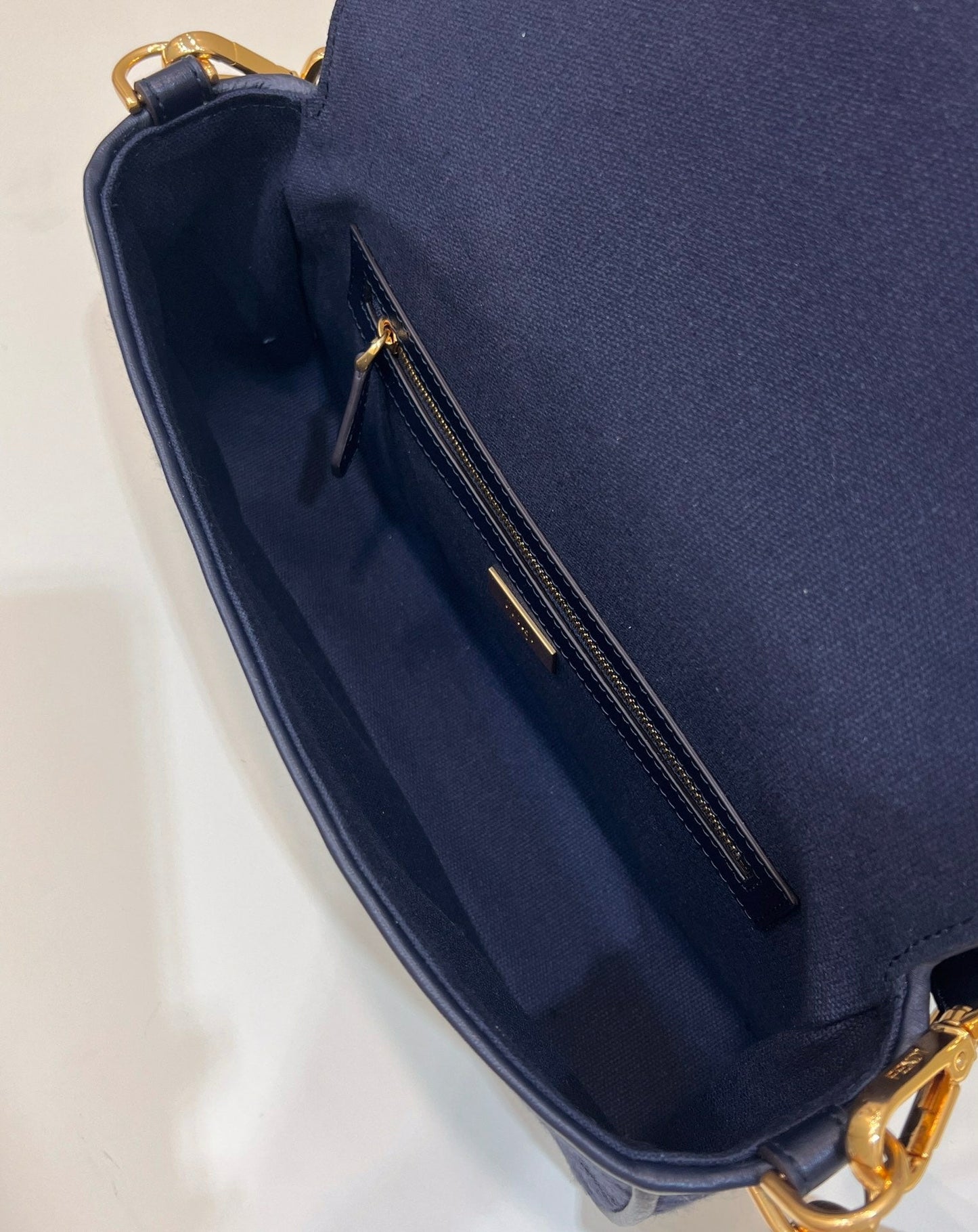 Luxury FendiBAGUETTE WITH FF MOTIF 27 IN NAVY BLUE JACQUARD FABRIC GOLD HARDWARE