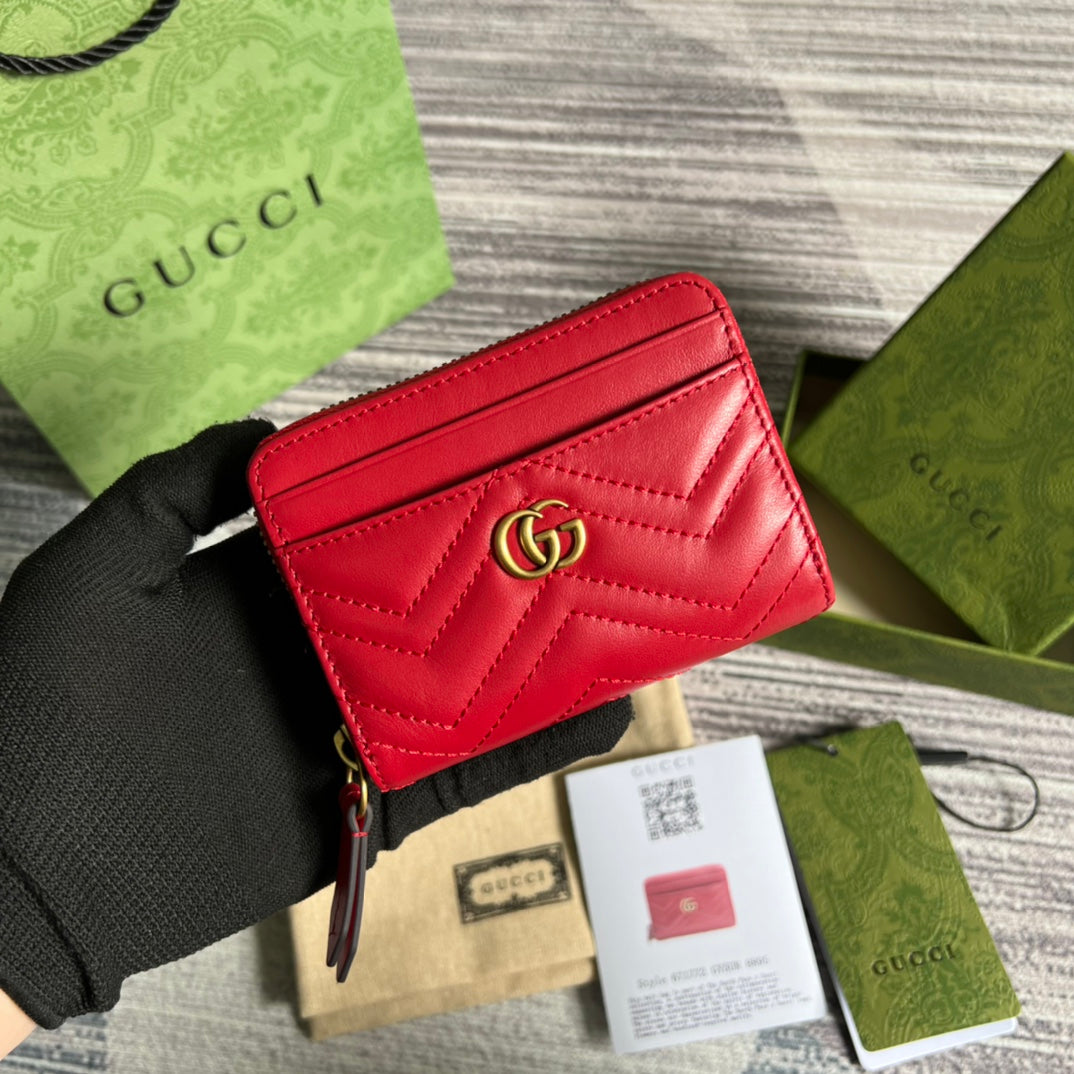Luxury Gucci GG MARMONT MINI 11 WALLET CHERRY RED CALFSKIN
