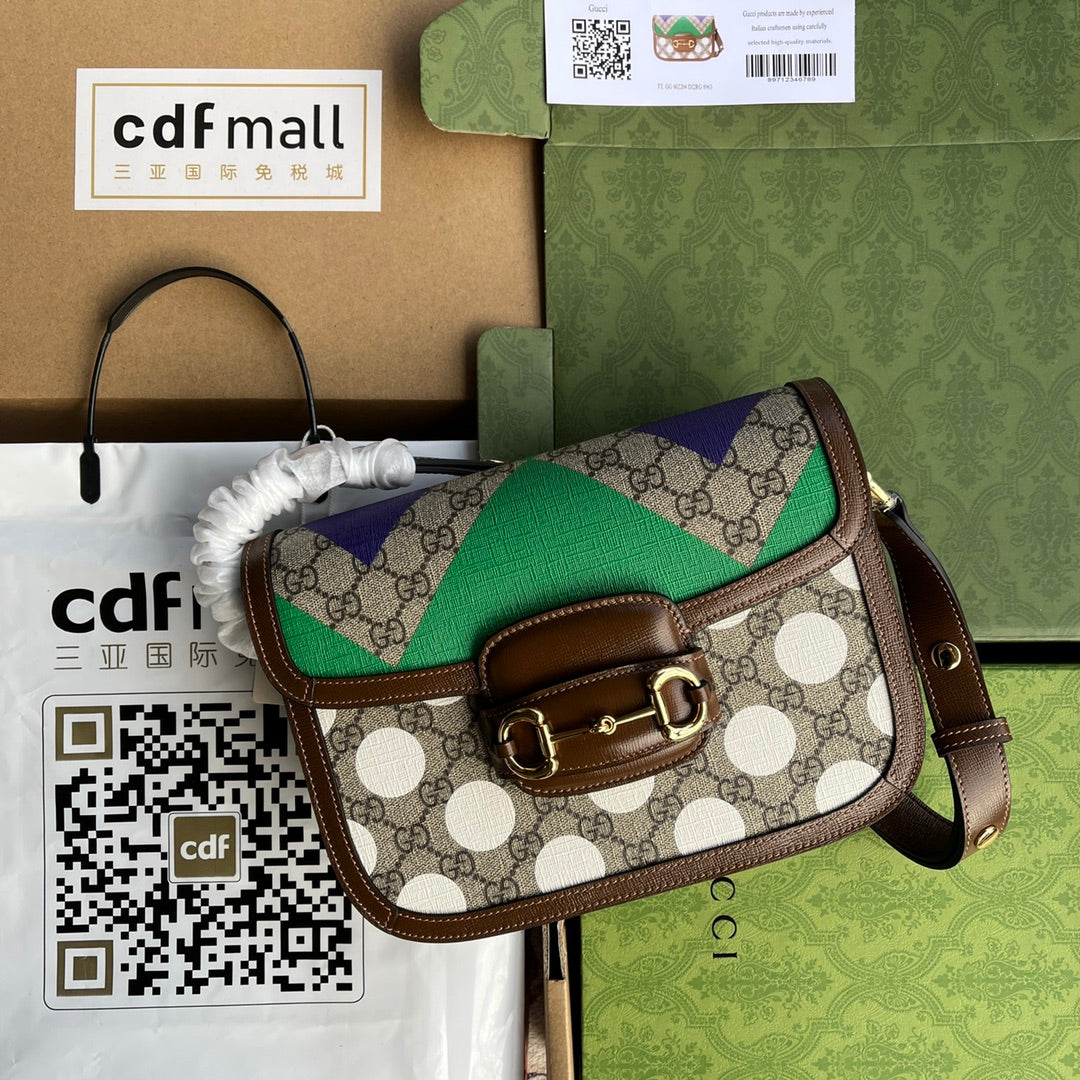 Luxury Gucci HORSEBIT 1955 SADDLE BAG 25 IN COLORFUL CANVAS AND BROWN LEATHER TRIM GOLD HARDWARE