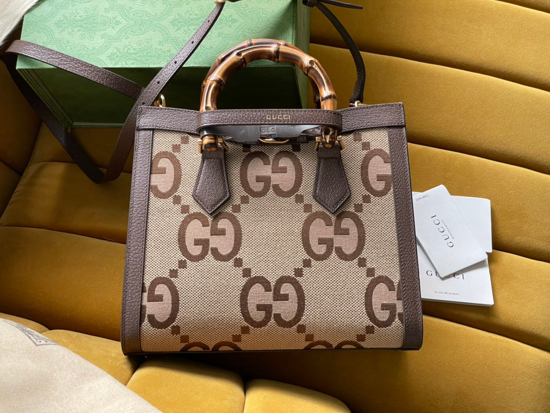 Luxury Gucci GG DIANA 27 MINI TOTE BAG IN BEIGE CANVAS AND BROWN CALFSKIN