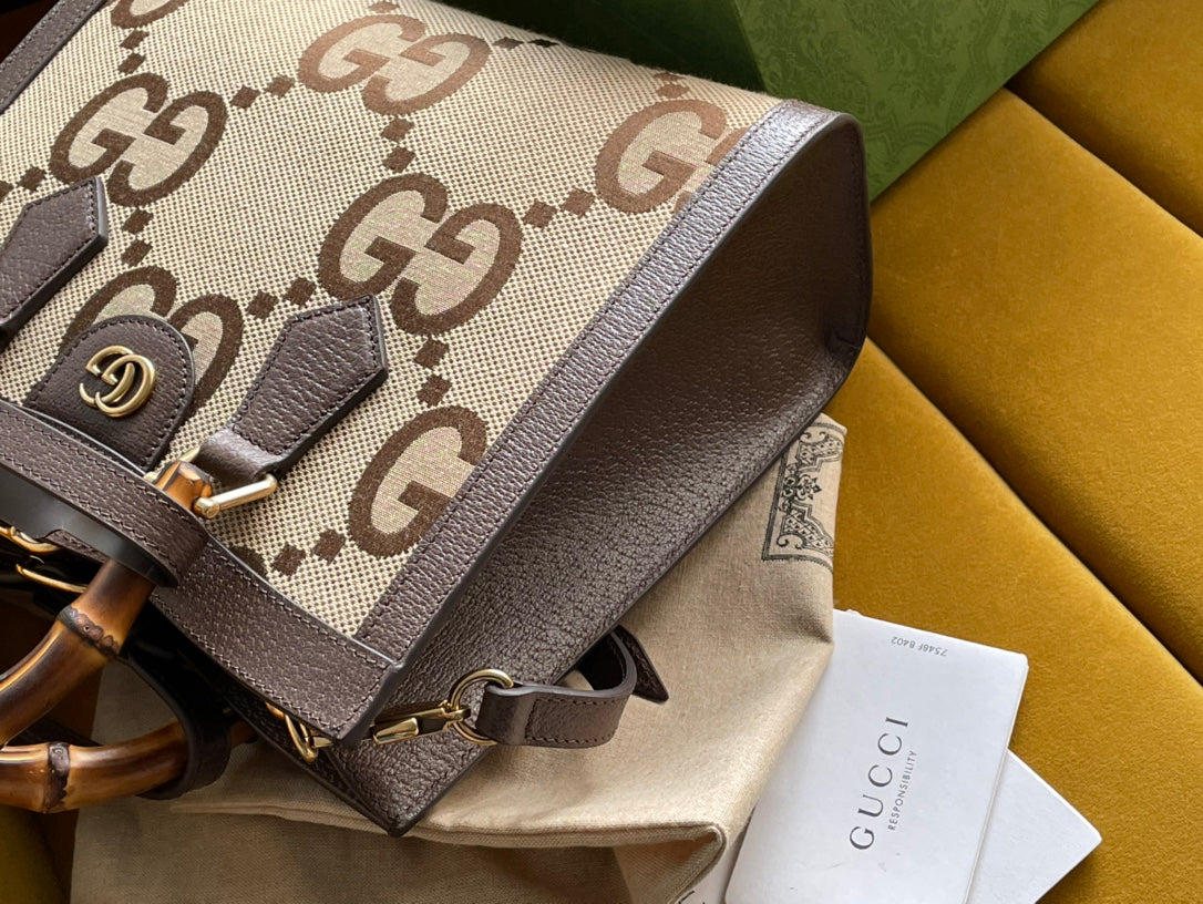 Luxury Gucci GG DIANA 27 MINI TOTE BAG IN BEIGE CANVAS AND BROWN CALFSKIN