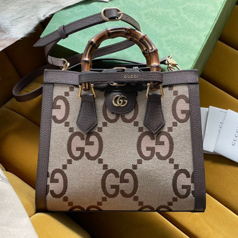 Luxury Gucci GG DIANA 27 MINI TOTE BAG IN BEIGE CANVAS AND BROWN CALFSKIN