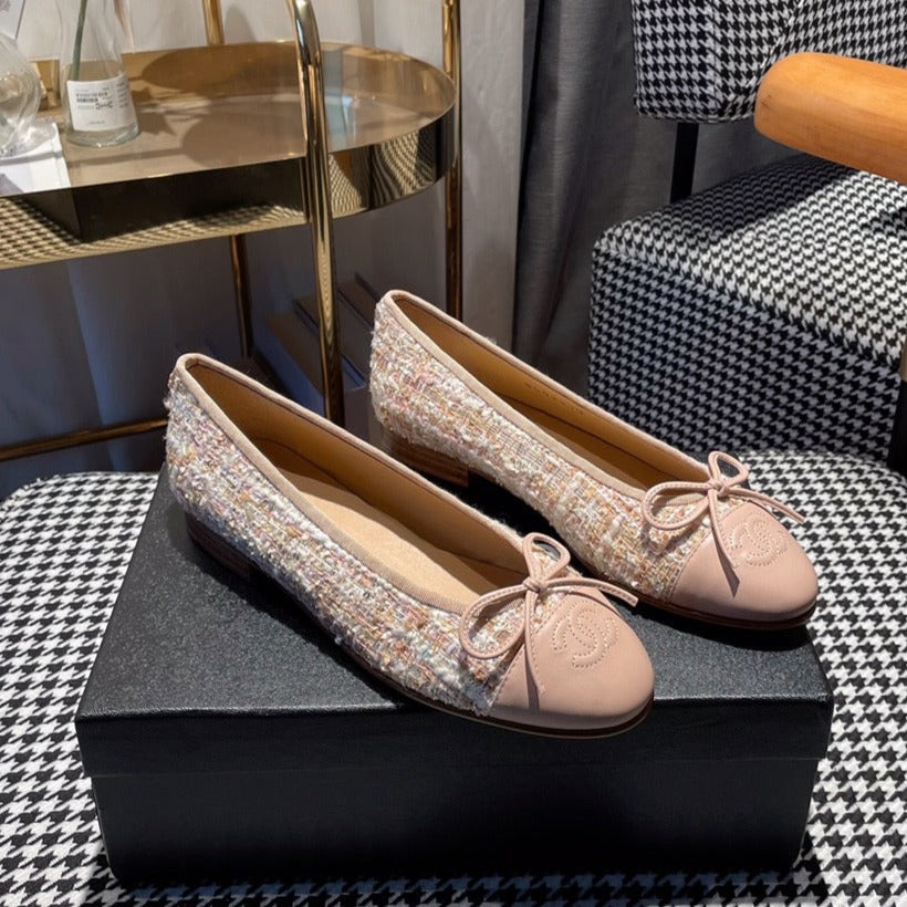 Luxury Chanel ballet flat pink white tweed pink calfskin