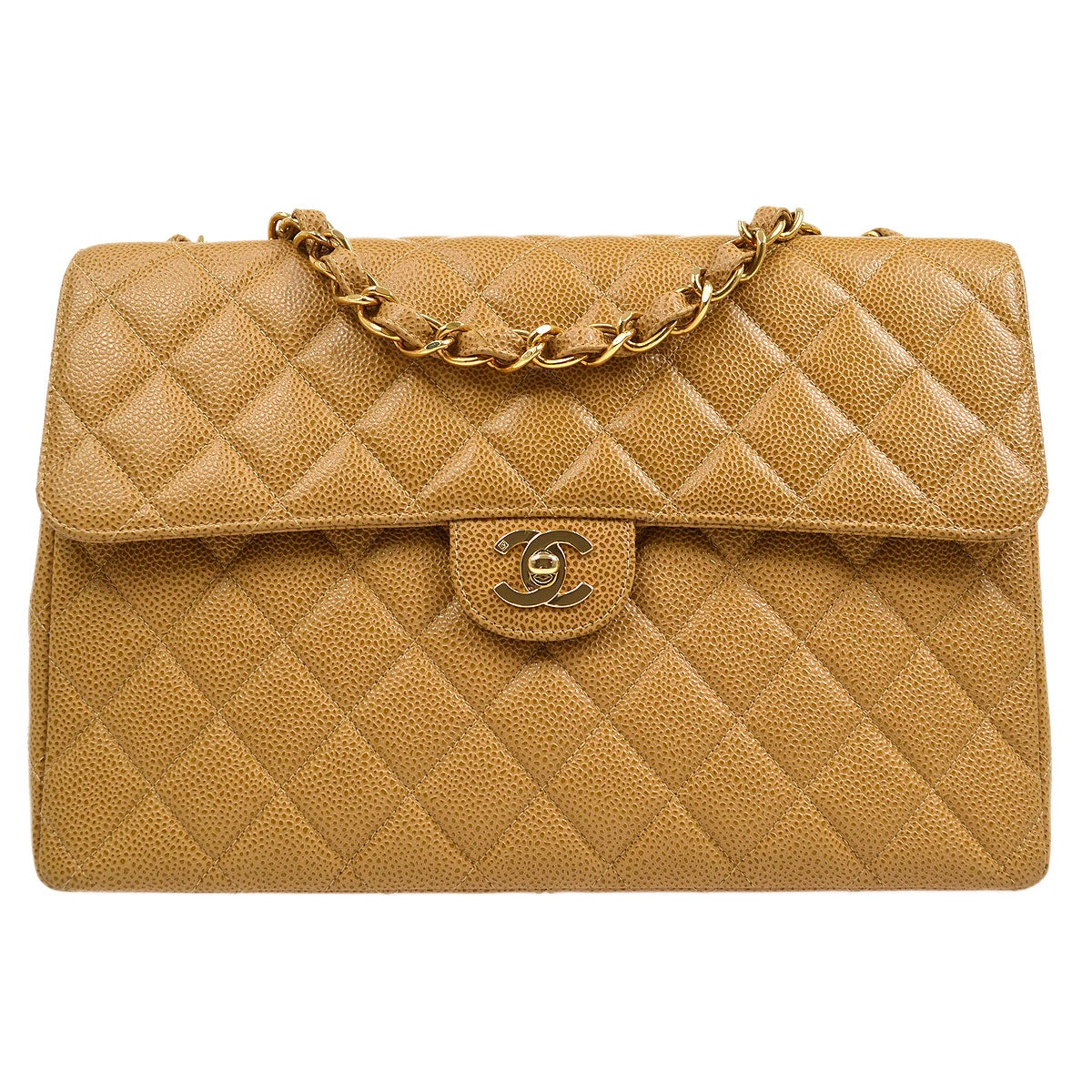 CHANEL 2000-2001 Beige Caviar Classic Flap Jumbo 43271