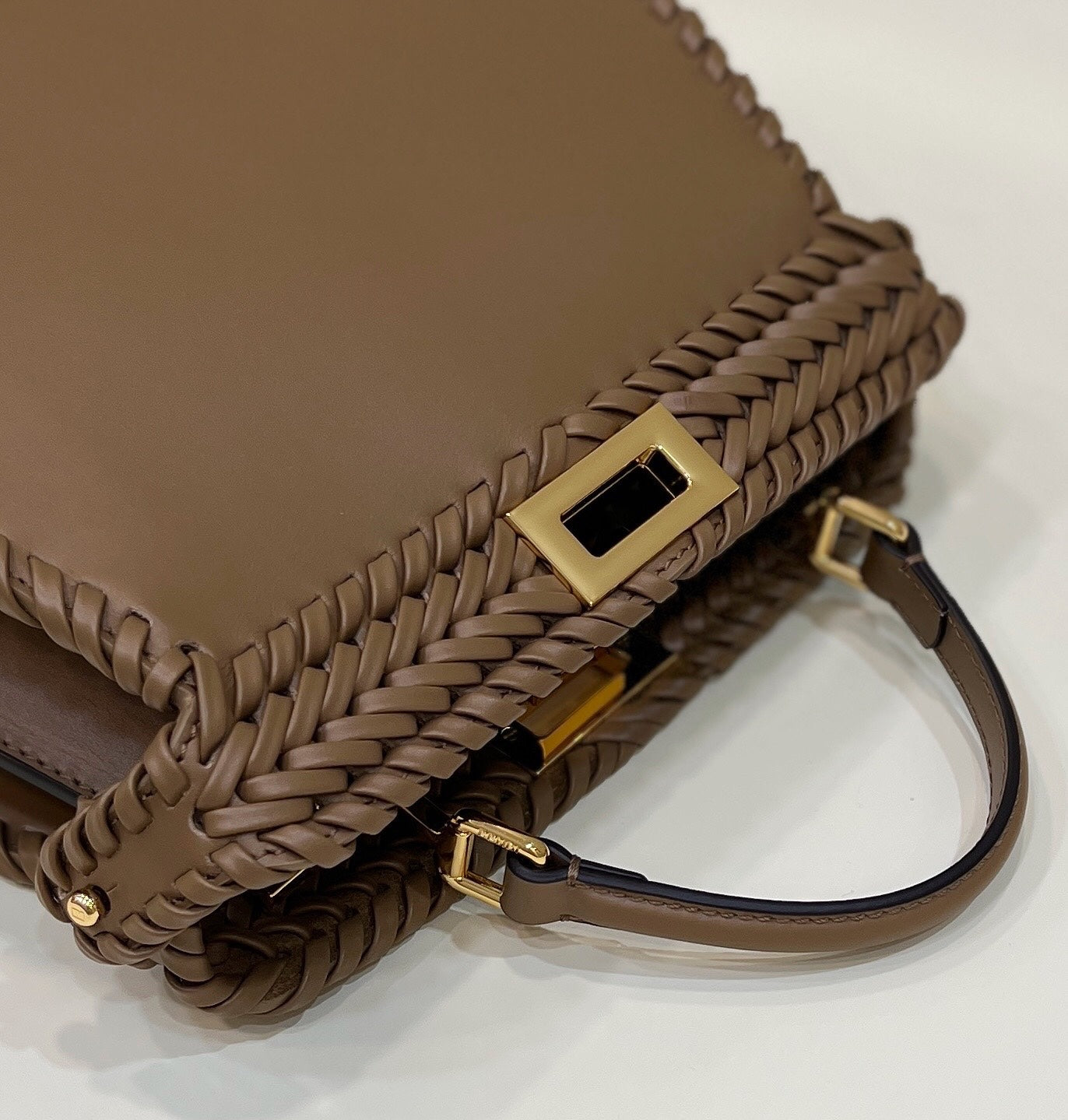 Luxury FendiPEEKABOO ISEEU 27 IN BROWN SMOOTH CALFSKIN WITH WOVEN TRIM GOLD HARDWARE