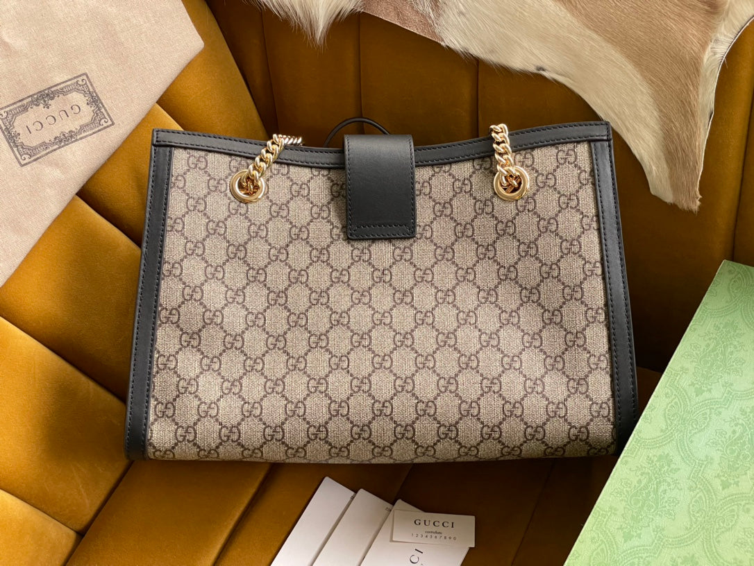 Luxury Gucci GG PADLOCK LARGE 35 SHOULDER BAG BEIGE CANVAS AND BLACK CALFSKIN