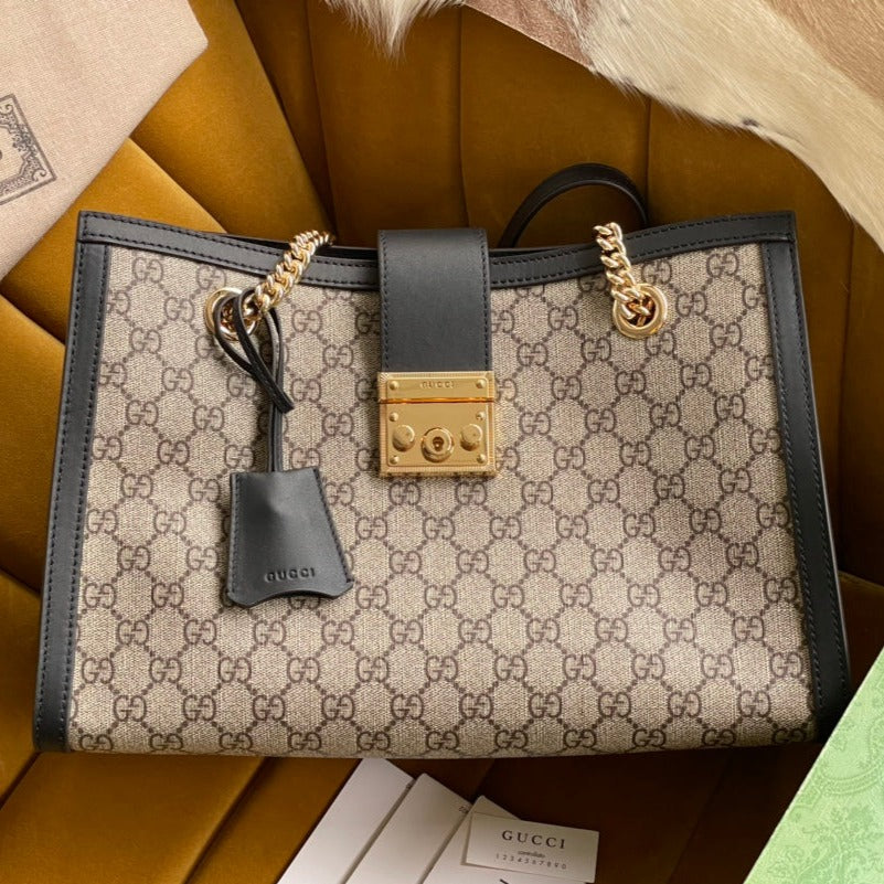 Luxury Gucci GG PADLOCK LARGE 35 SHOULDER BAG BEIGE CANVAS AND BLACK CALFSKIN