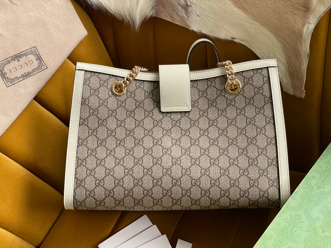 Luxury Gucci GG PADLOCK LARGE 35 SHOULDER BAG BEIGE CANVAS AND WHITE CALFSKIN
