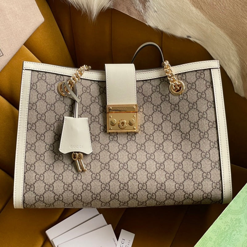 Luxury Gucci GG PADLOCK LARGE 35 SHOULDER BAG BEIGE CANVAS AND WHITE CALFSKIN