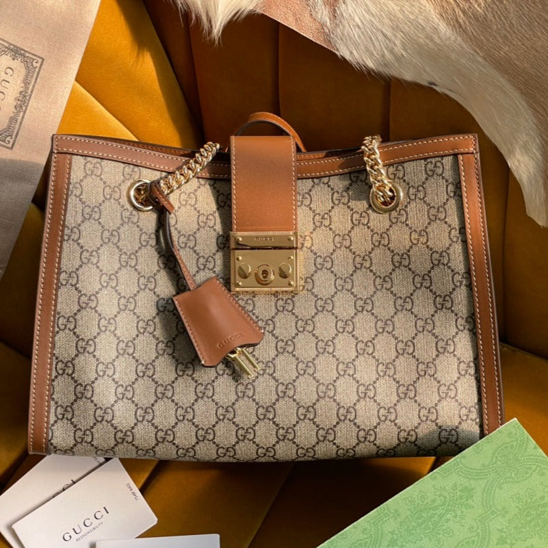Luxury Gucci GG PADLOCK LARGE 35 SHOULDER BAG BEIGE CANVAS AND BROWN CALFSKIN