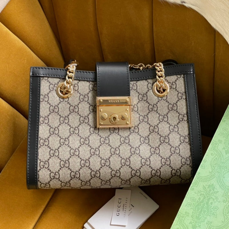 Luxury Gucci GG PADLOCK MEDIUM 26 SHOULDER BAG BEIGE CANVAS AND BLACK CALFSKIN