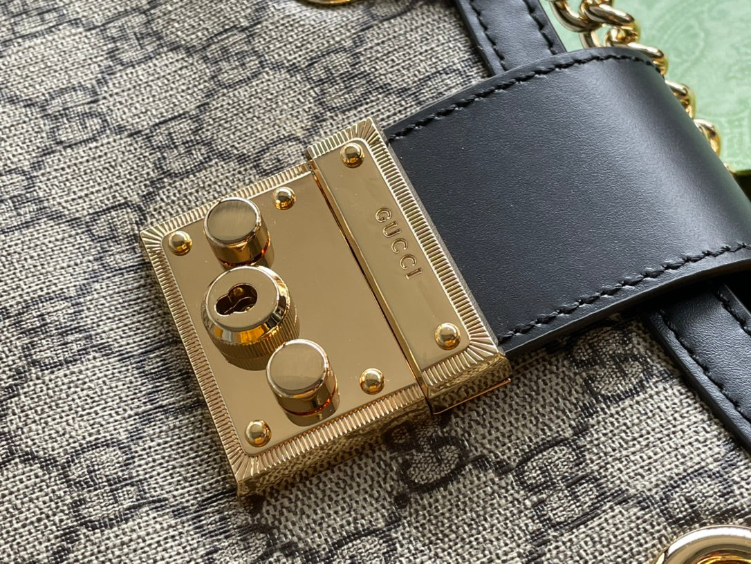 Luxury Gucci GG PADLOCK MEDIUM 26 SHOULDER BAG BEIGE CANVAS AND BLACK CALFSKIN