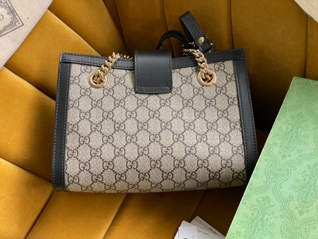Luxury Gucci GG PADLOCK MEDIUM 26 SHOULDER BAG BEIGE CANVAS AND BLACK CALFSKIN