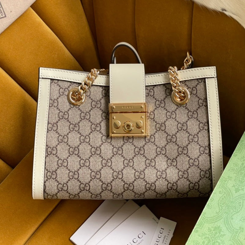 Luxury Gucci GG PADLOCK MEDIUM 26 SHOULDER BAG BEIGE CANVAS AND WHITE CALFSKIN
