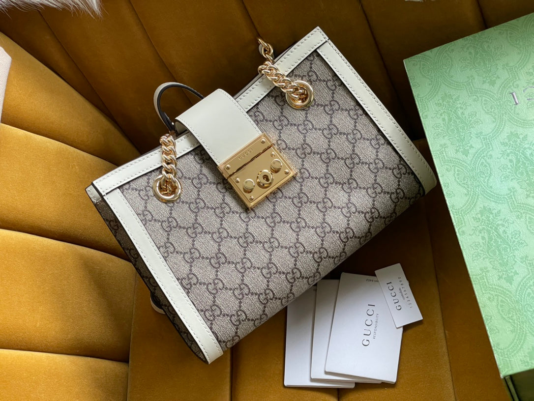 Luxury Gucci GG PADLOCK MEDIUM 26 SHOULDER BAG BEIGE CANVAS AND WHITE CALFSKIN