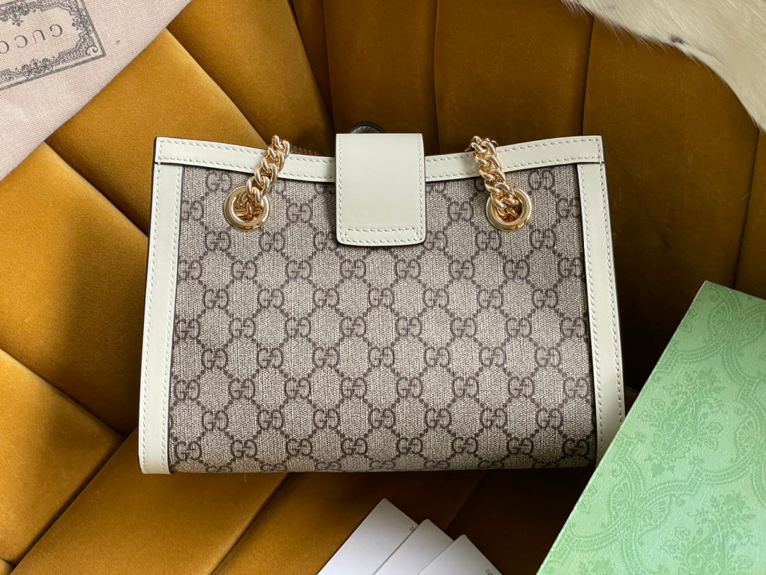 Luxury Gucci GG PADLOCK MEDIUM 26 SHOULDER BAG BEIGE CANVAS AND WHITE CALFSKIN