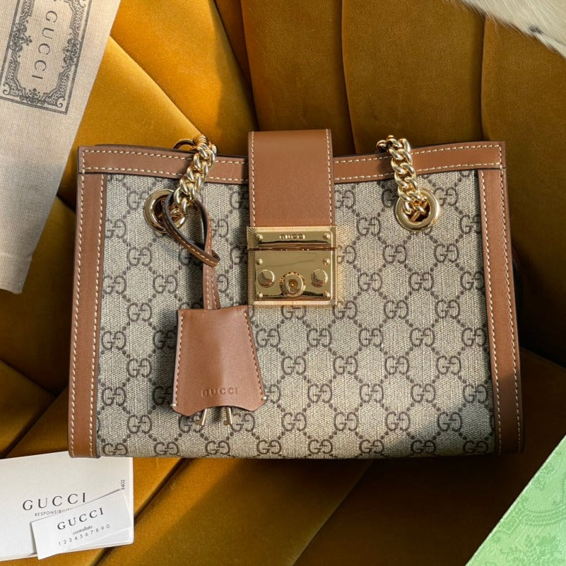 Luxury Gucci GG PADLOCK MEDIUM 26 SHOULDER BAG BEIGE CANVAS AND BROWN CALFSKIN