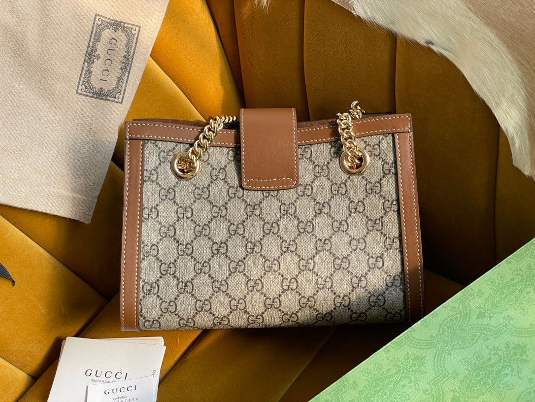 Luxury Gucci GG PADLOCK MEDIUM 26 SHOULDER BAG BEIGE CANVAS AND BROWN CALFSKIN