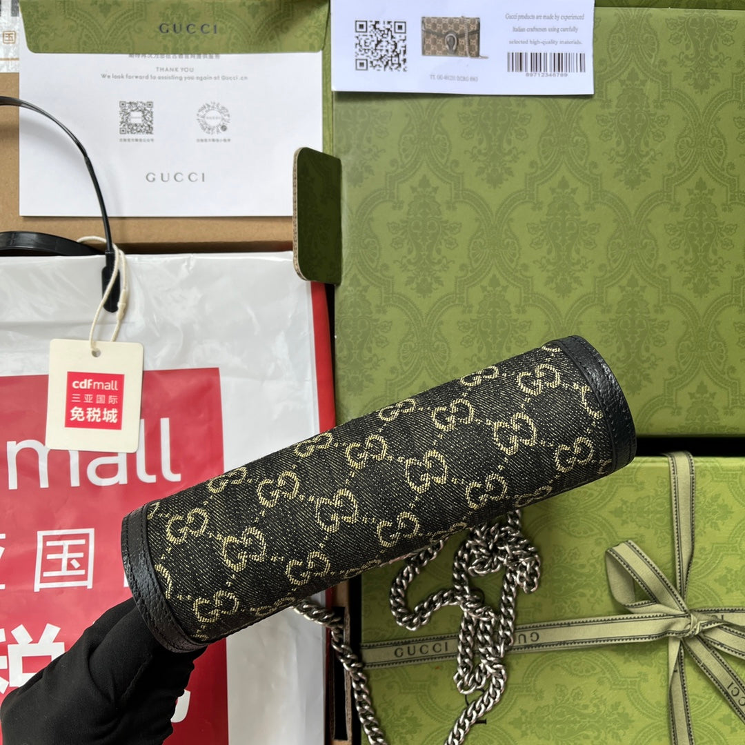 Luxury Gucci DYONYSUS SHOULDER BAG 20 IN BLACK YELLOW DENIM AND BLACK CALFSKIN TRIM SILVER HARDWARE