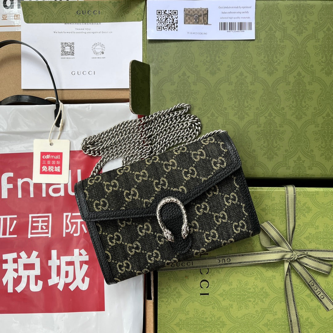 Luxury Gucci DYONYSUS SHOULDER BAG 20 IN BLACK YELLOW DENIM AND BLACK CALFSKIN TRIM SILVER HARDWARE