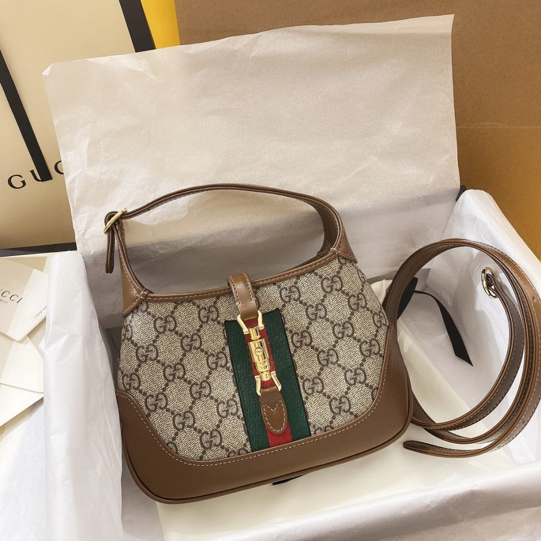 Luxury Gucci JACKIE 1961 SMALL 28 SHOULDER BAG IN BEIGE CANVAS AND BROWN CALFSKIN
